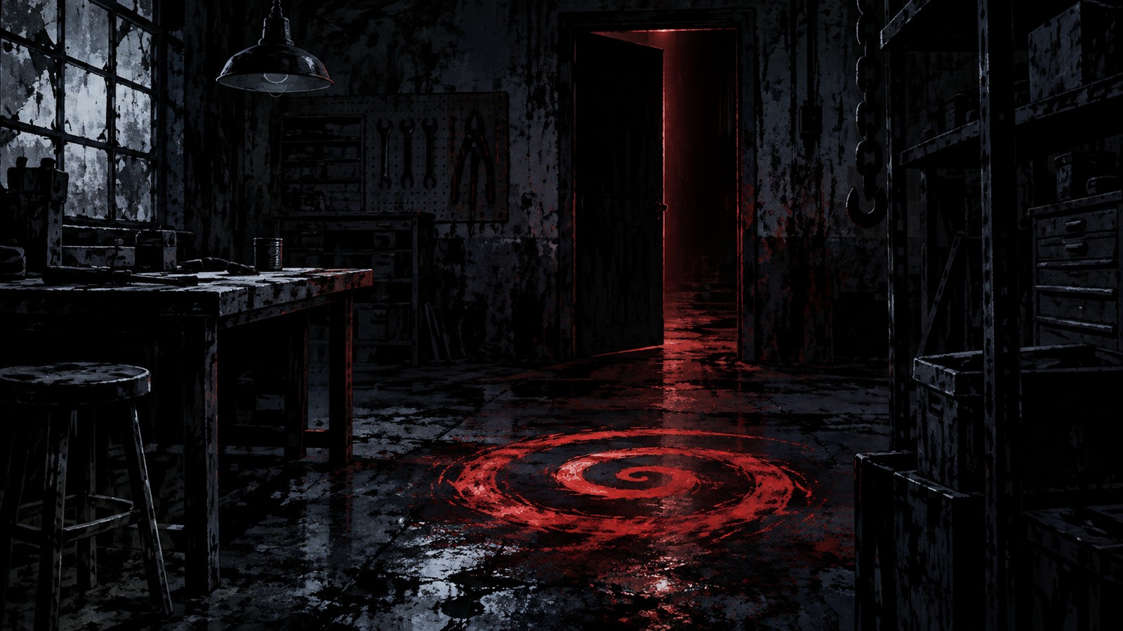 Illustrated shadowed workshop and red spiral for the next Saw film