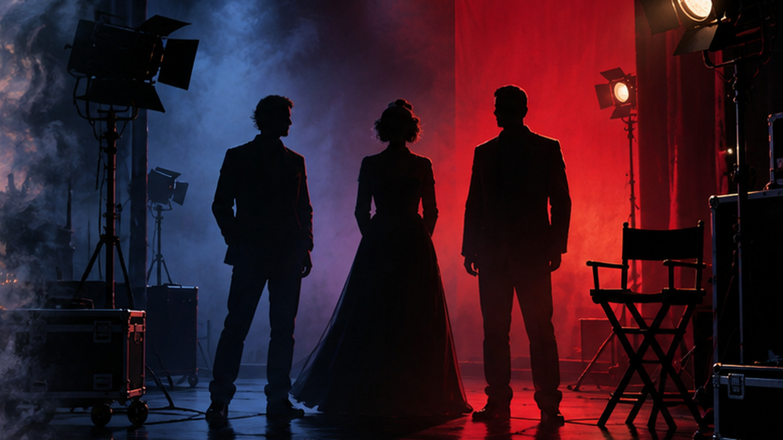 Illustrated anonymous figures on a red and blue film soundstage