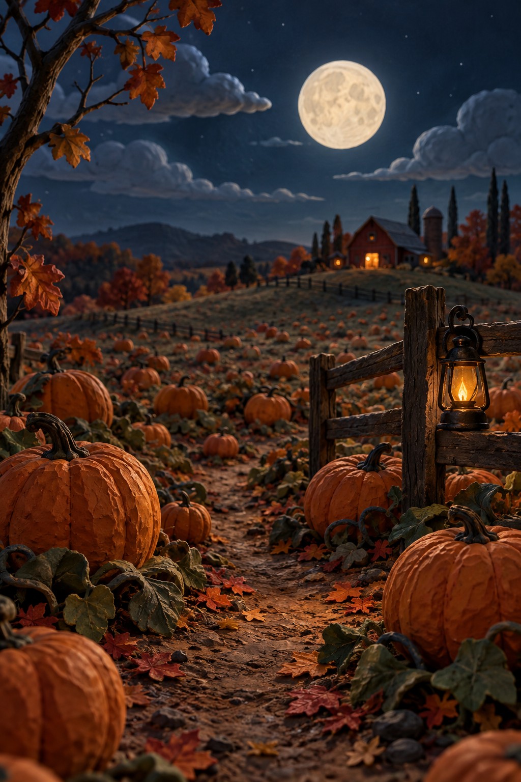 Original editorial illustration evoking a moonlit autumn farm mystery