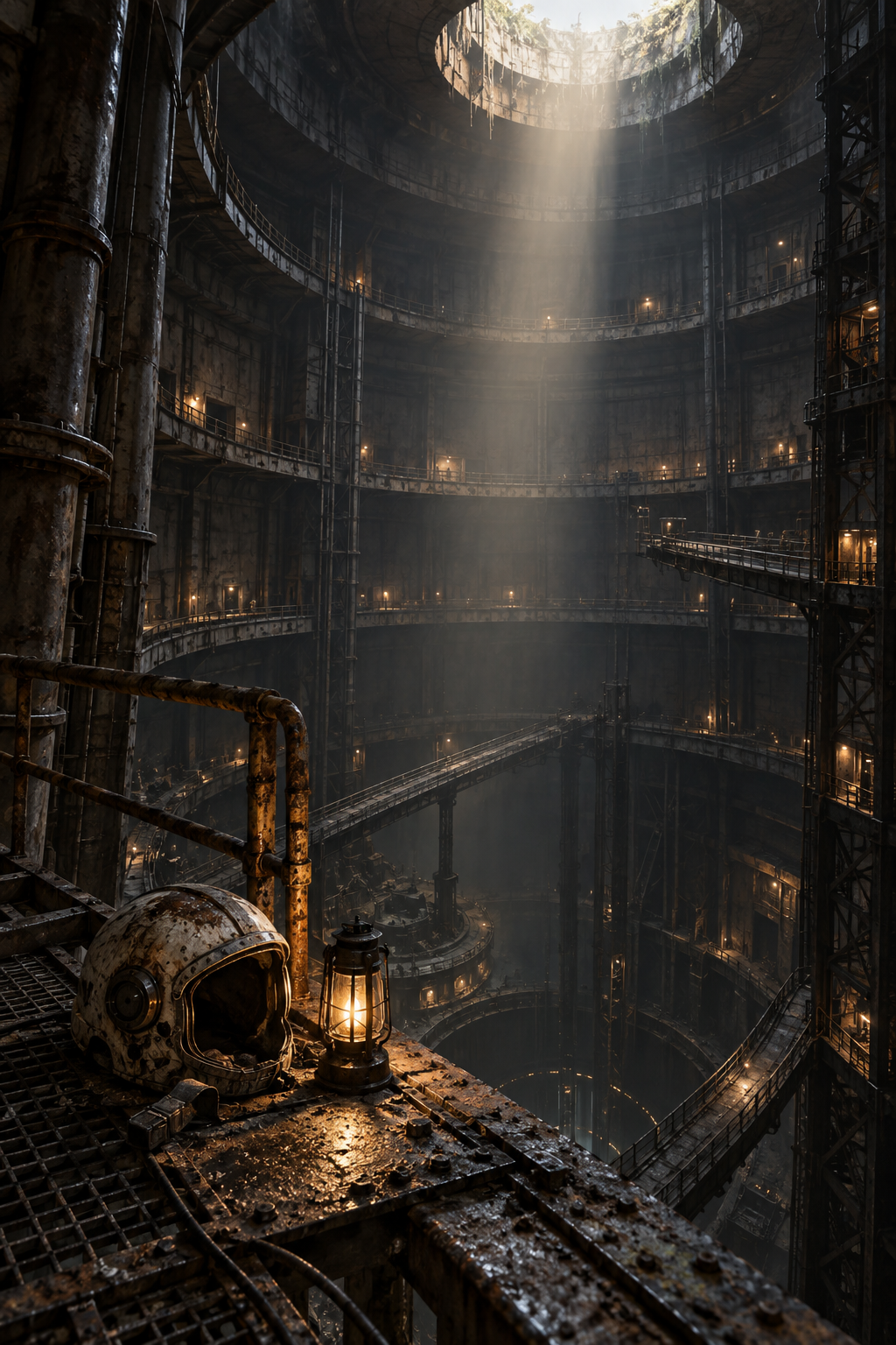 A vast underground industrial chamber with metal walkways and a shaft of daylight