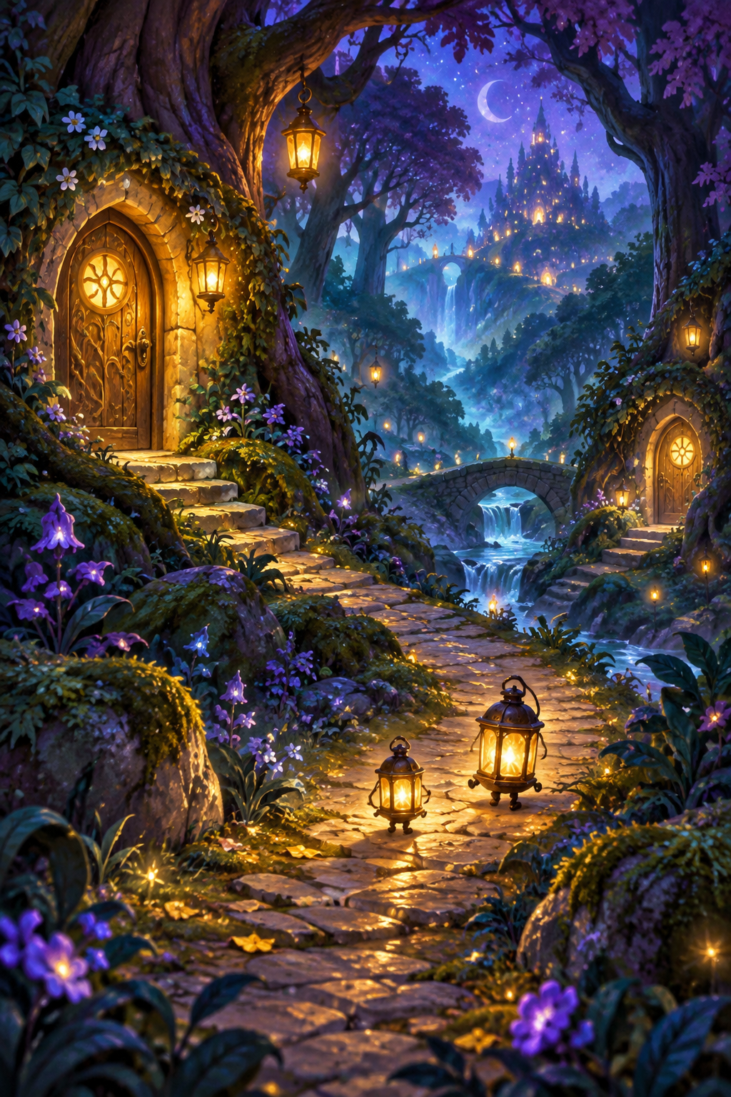 AI-created editorial illustration evoking The Sisters Grimm season two with lanterns and an enchanted forest path