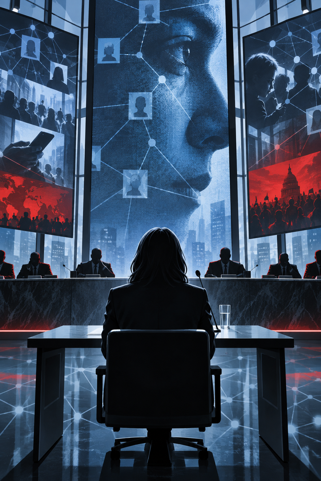 Original editorial illustration of an anonymous witness facing abstract network screens for The Social Reckoning