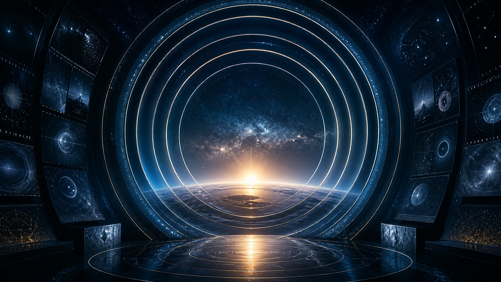 A futuristic observatory with six luminous orbital rings and a planet sunrise