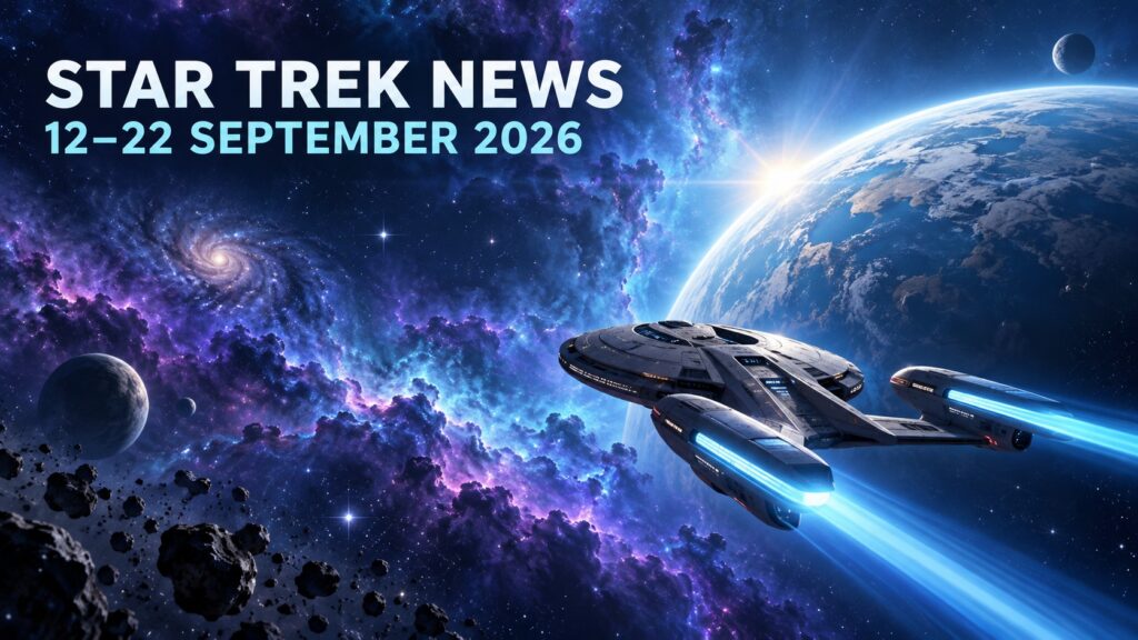 Original editorial illustration of an exploration starship crossing a blue and violet nebula for Star Trek news dated 12 to 22 September 2026