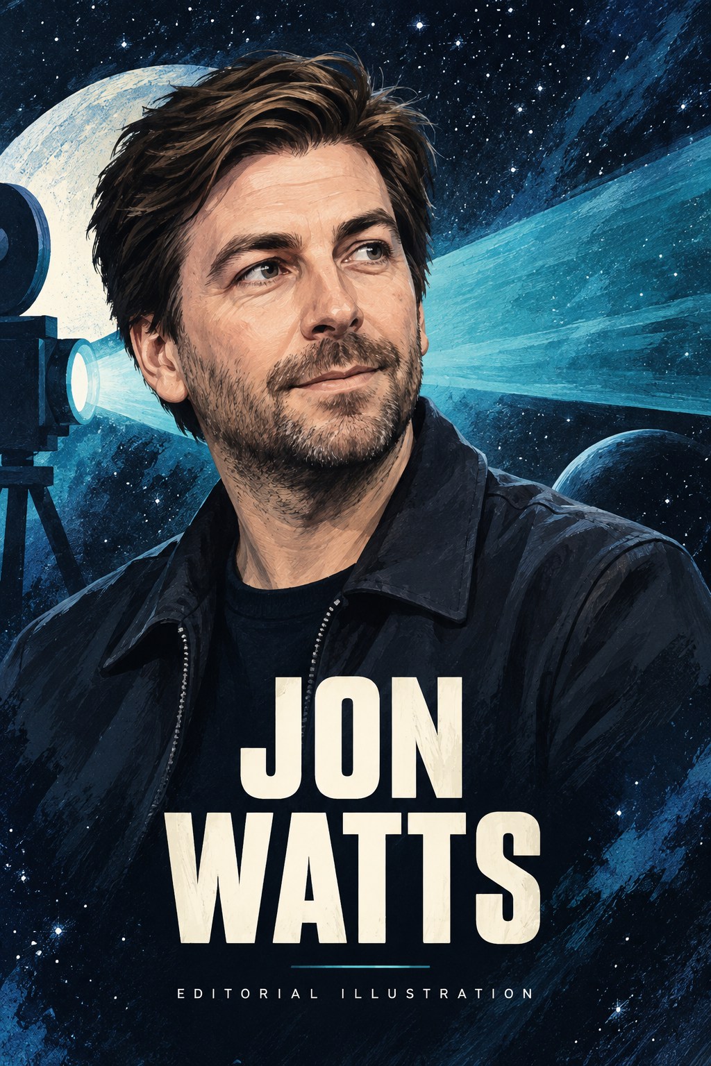 AI editorial portrait of Jon Watts against a painted starfield