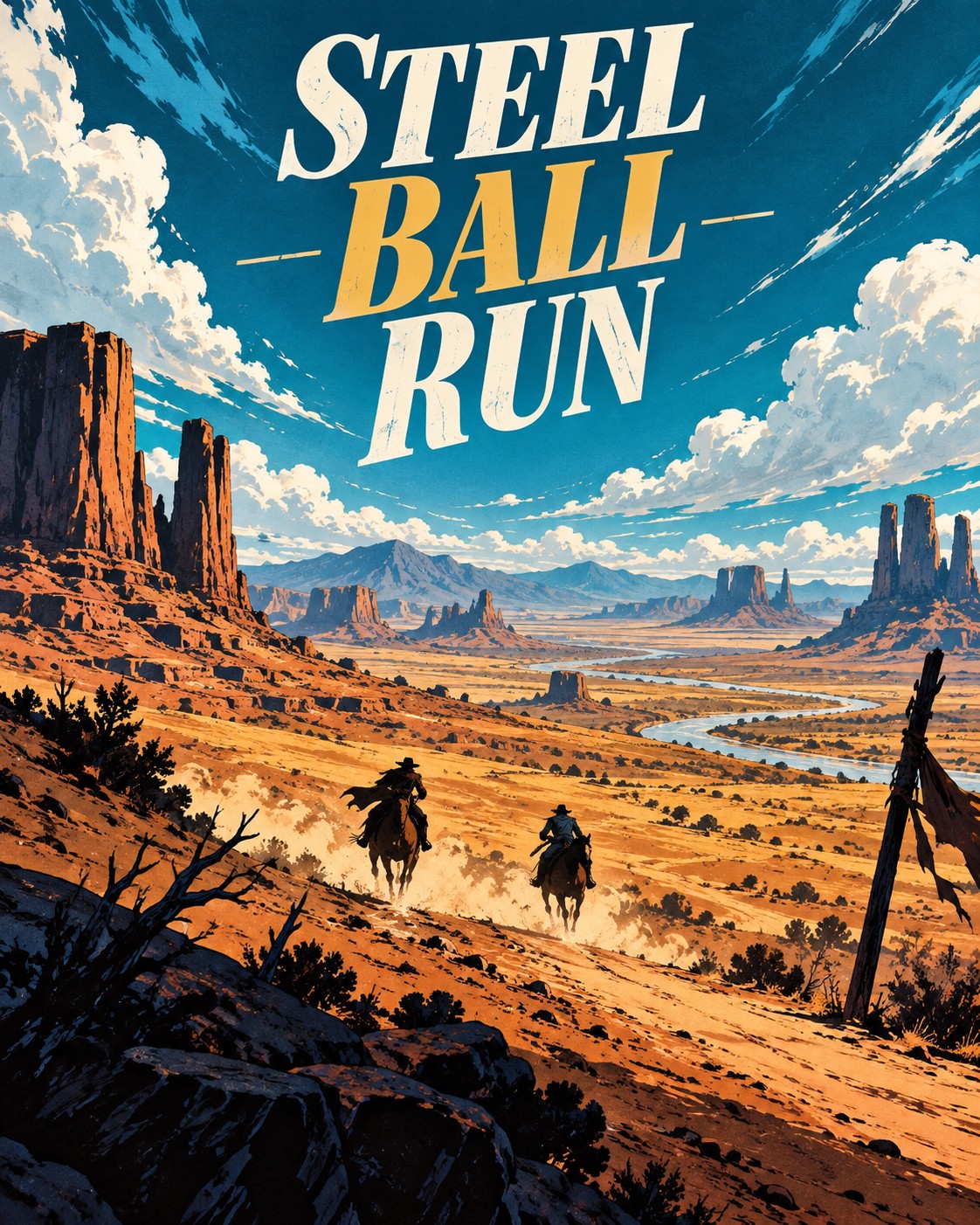 Illustrated riders crossing a desert landscape for Steel Ball Run