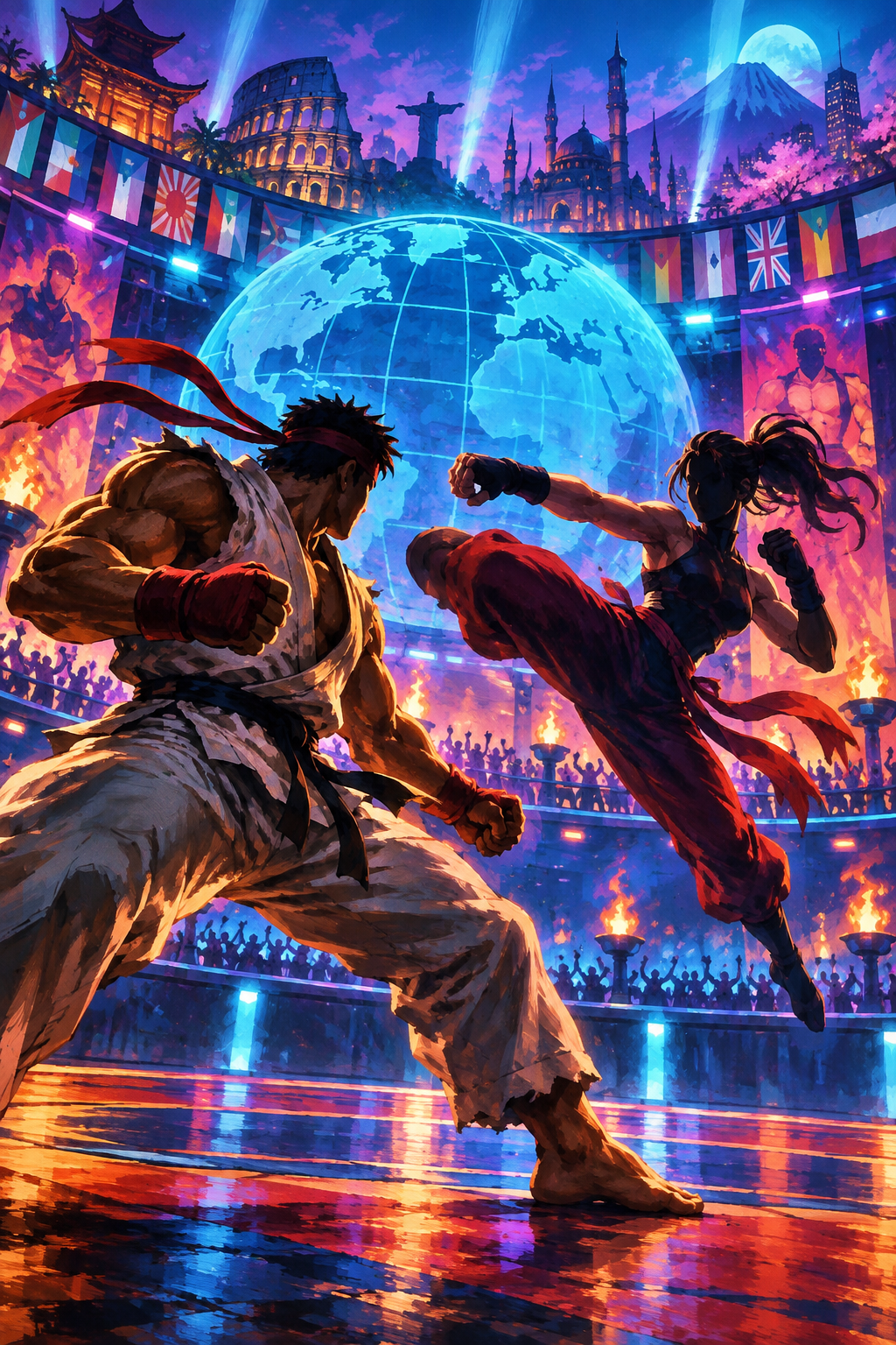 Original editorial illustration of two anonymous martial artists in a neon tournament arena for Street Fighter