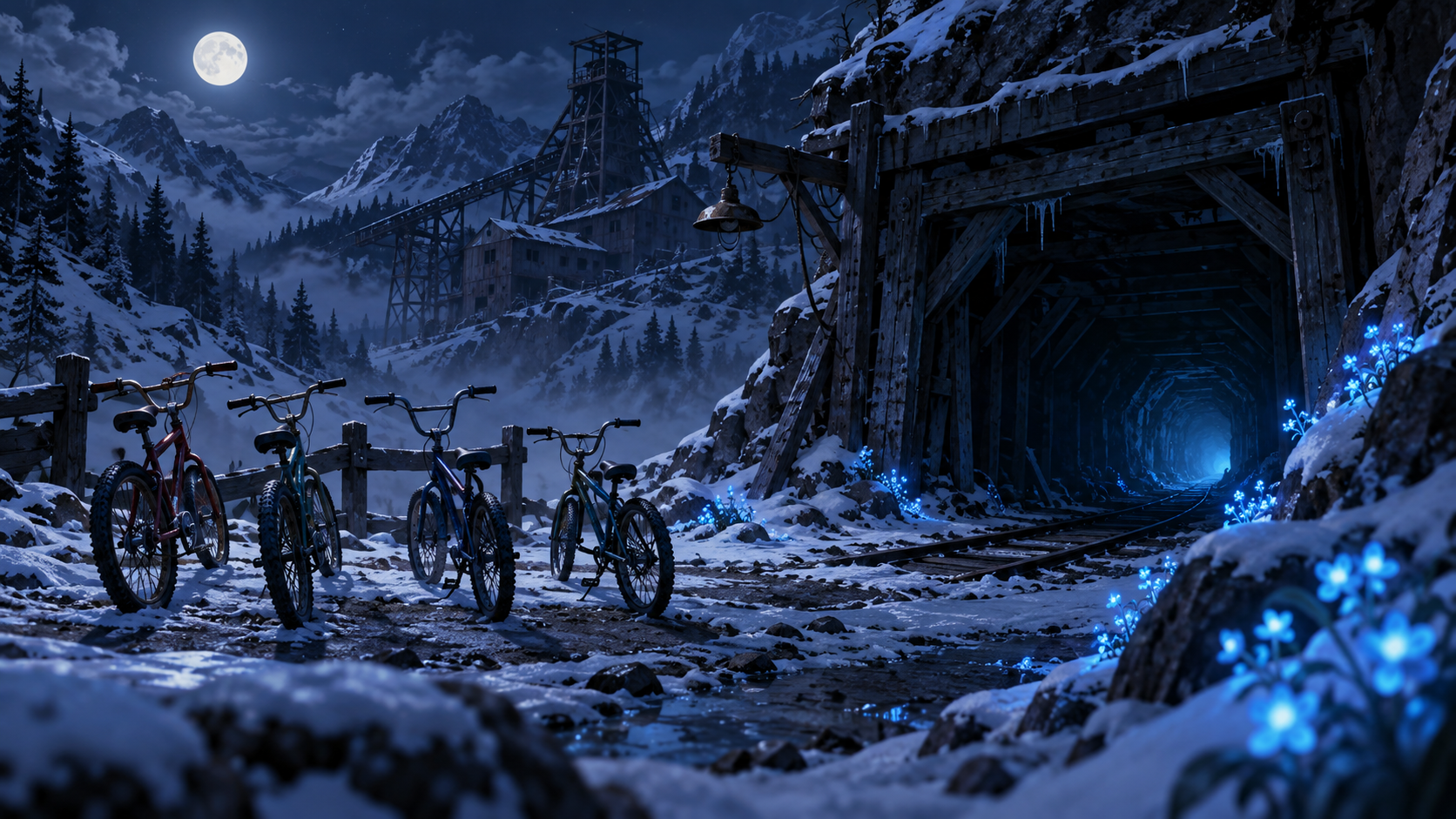 Four bicycles beside a snowy abandoned mine with glowing blue flowers