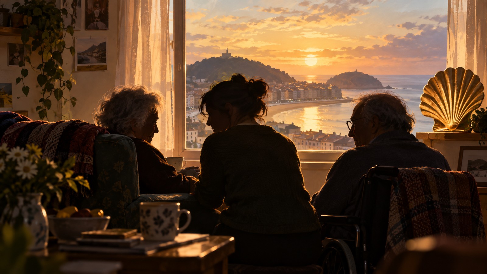 Illustration of three people in conversation beside a sunset window and an abstract golden shell