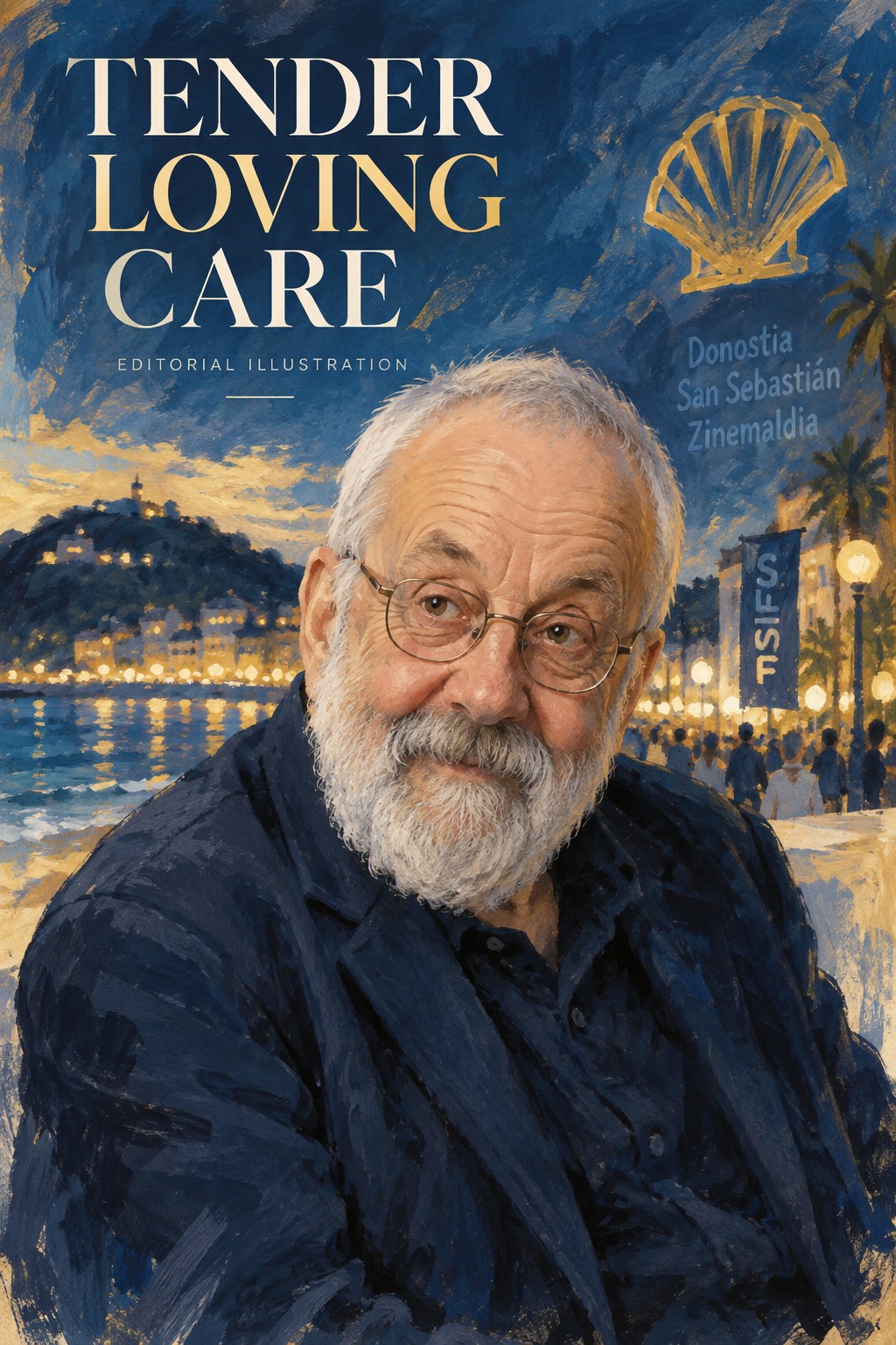 AI editorial portrait of Mike Leigh with an imagined San Sebastián backdrop; not a festival photograph