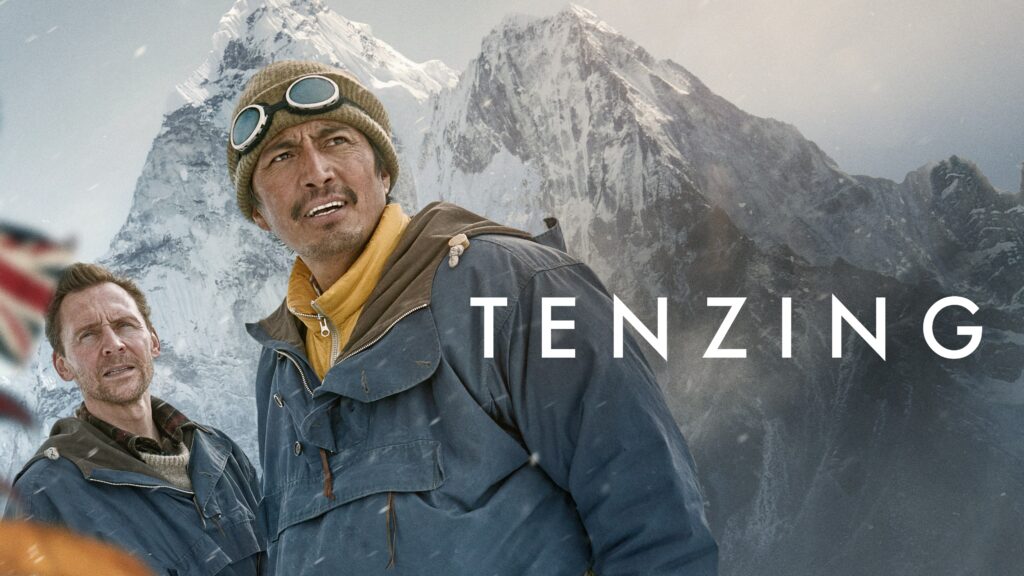 Official Tenzing artwork showing Genden Phuntsok and Tom Hiddleston against Himalayan peaks