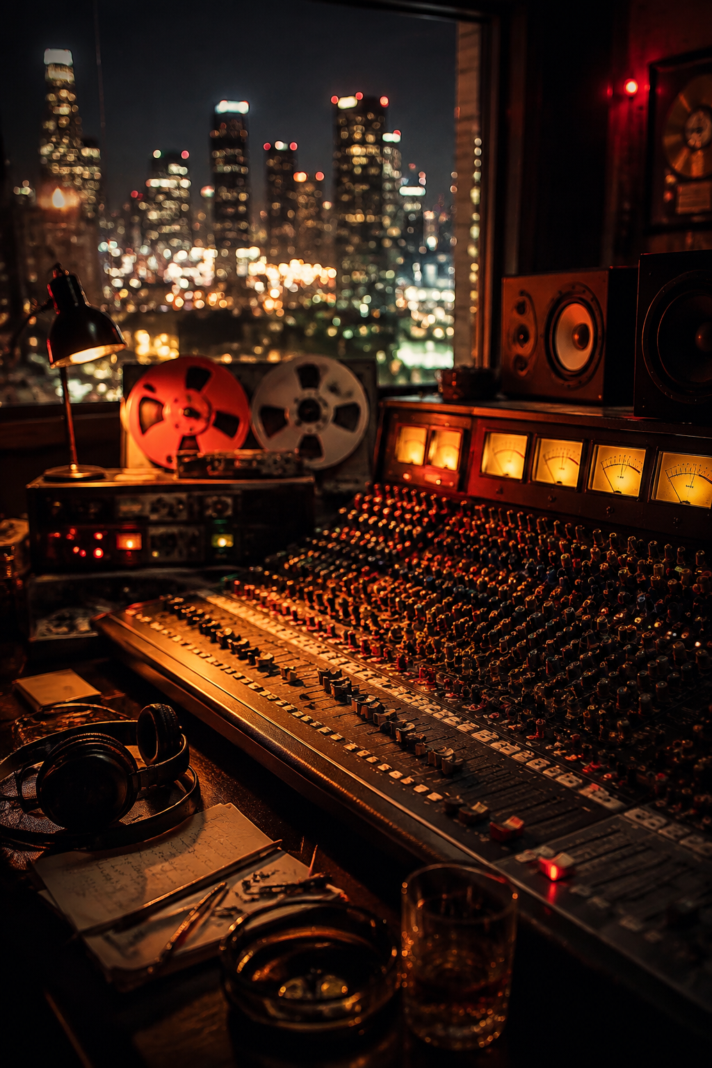 AI-created editorial illustration of a 1990s Los Angeles recording studio for The Drop: A Snowfall Saga