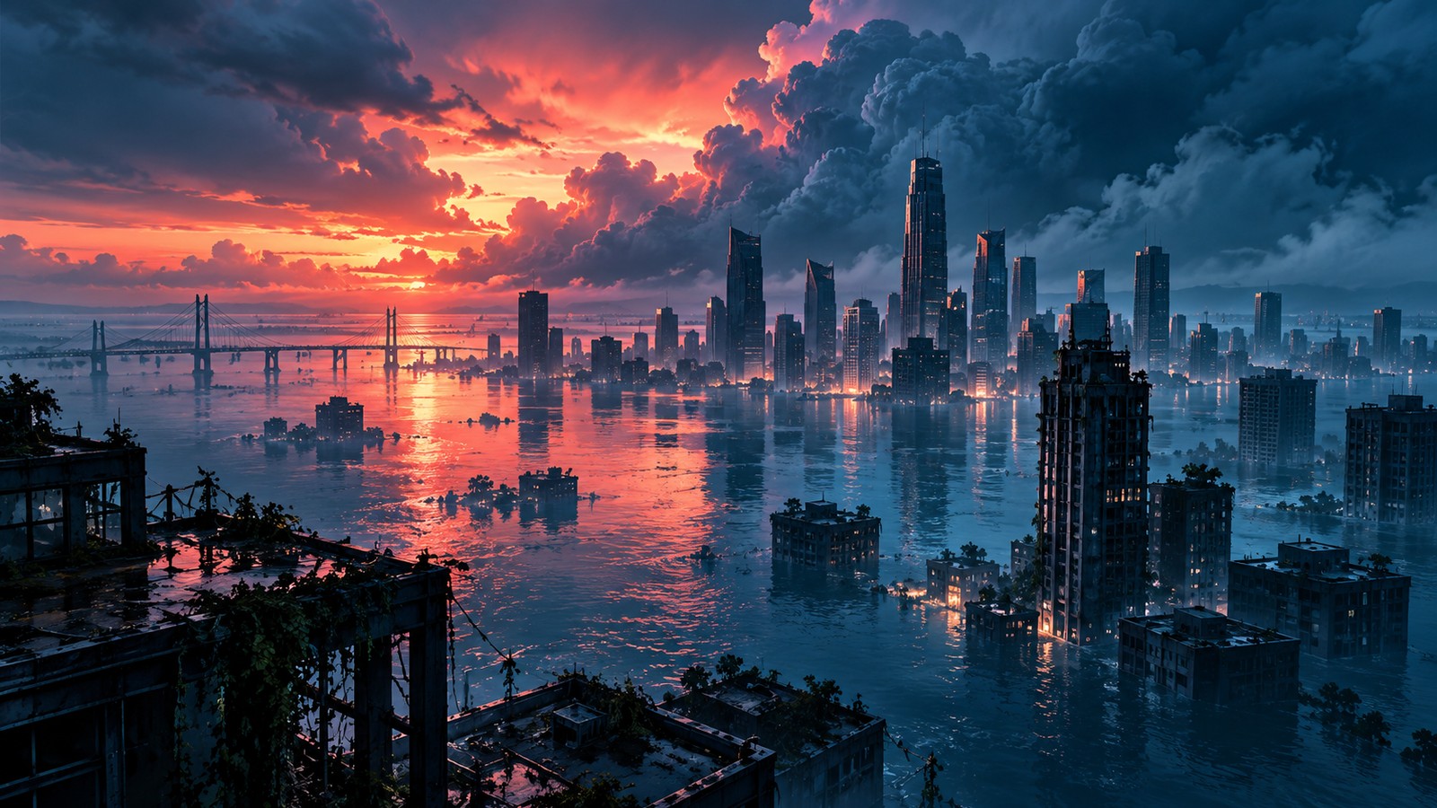 Symbolic illustration of a distant flooded city beneath dramatic clouds