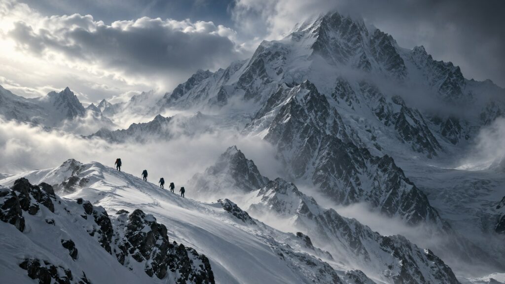 Original editorial illustration evoking a winter K2 mountaineering expedition.