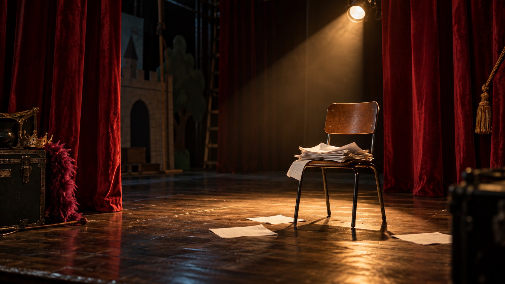 Original editorial illustration of an empty school stage with scattered scripts