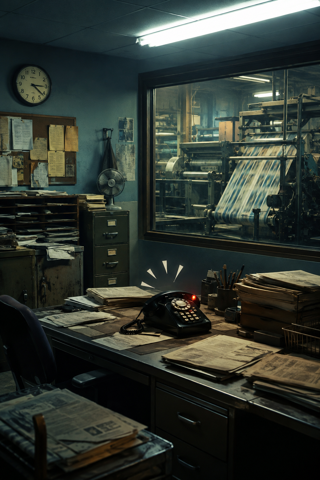 AI-created editorial illustration of a small newspaper office and printing press for The Paper Season 2