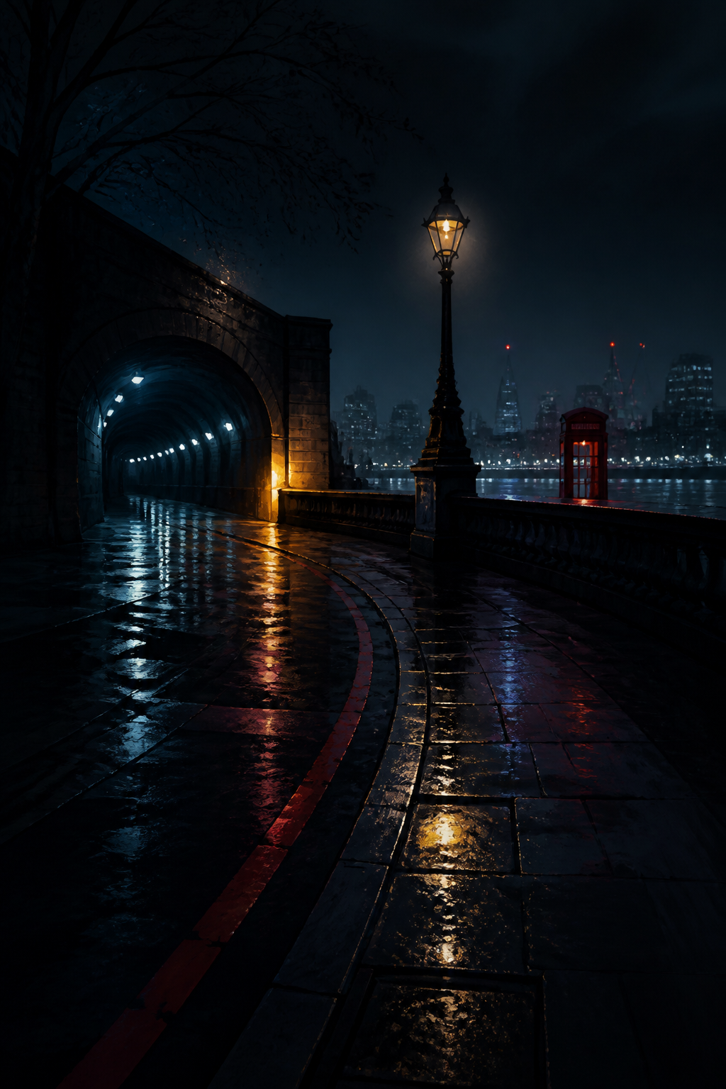 AI-created editorial illustration of a rain-slicked London route, tunnel lights and a distant red telephone box for The Runner