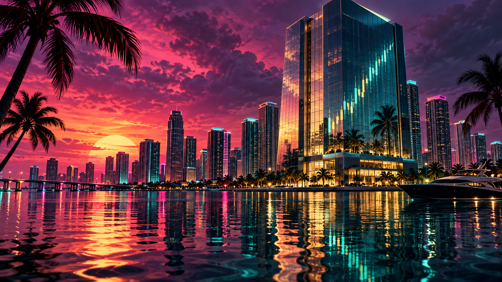 A glass finance tower glowing above the Miami waterfront at sunset