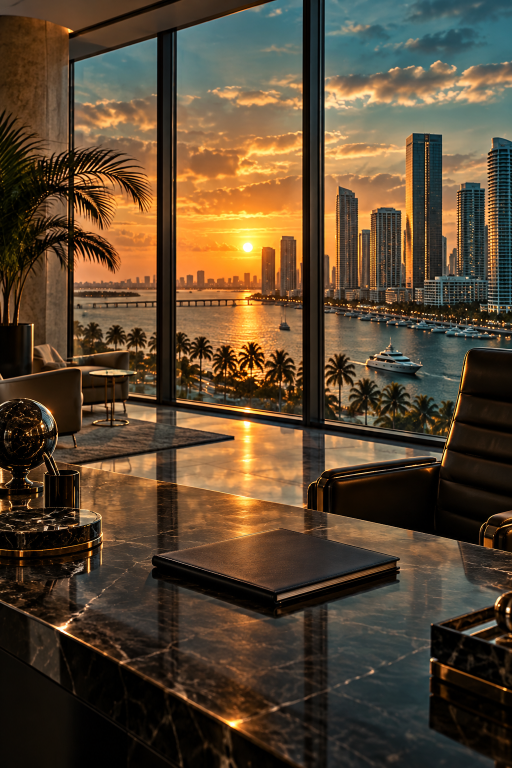 Original editorial illustration evoking The Spread: an empty Miami penthouse office