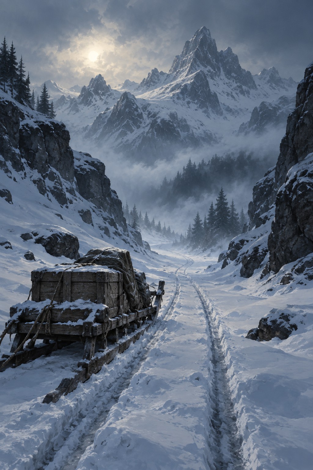Original editorial illustration of a remote wilderness route and freight-sled tracks