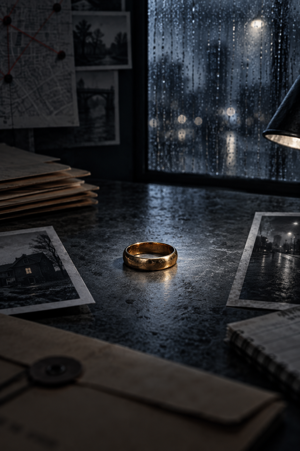 AI-created editorial illustration evoking The Widower with a wedding ring and shadowed case files