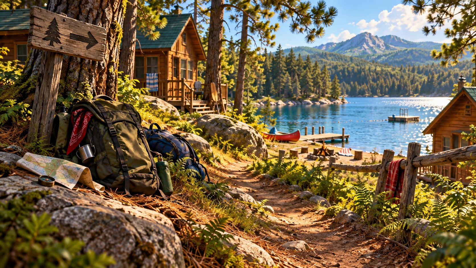 Original editorial illustration of backpacks beside lakeside summer camp cabins