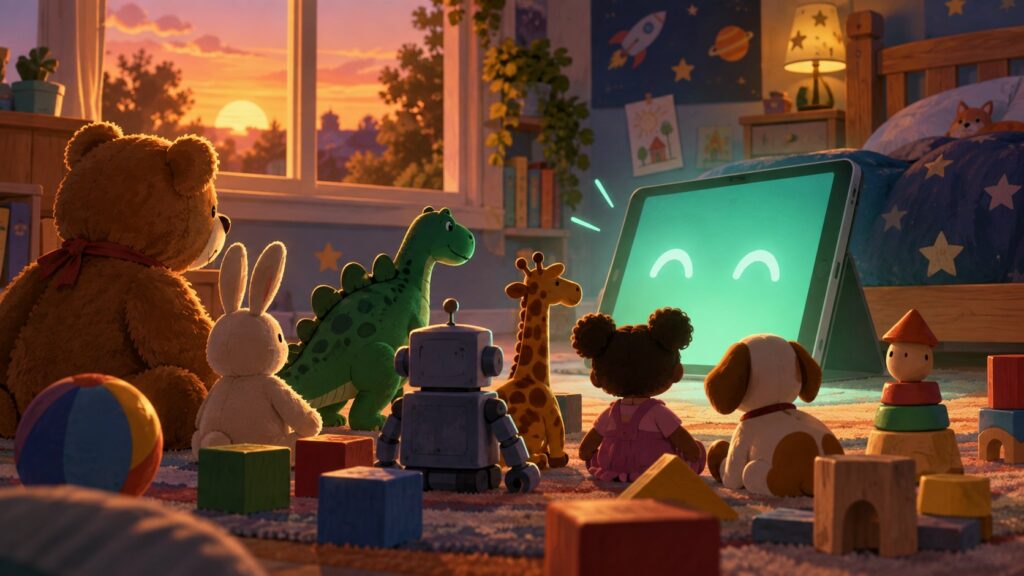 Original stylised editorial illustration of generic toys facing a glowing tablet in a child's bedroom