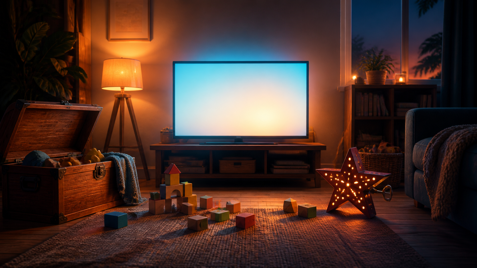 A warm living room with a glowing television, wooden toy chest, building blocks and a tin star