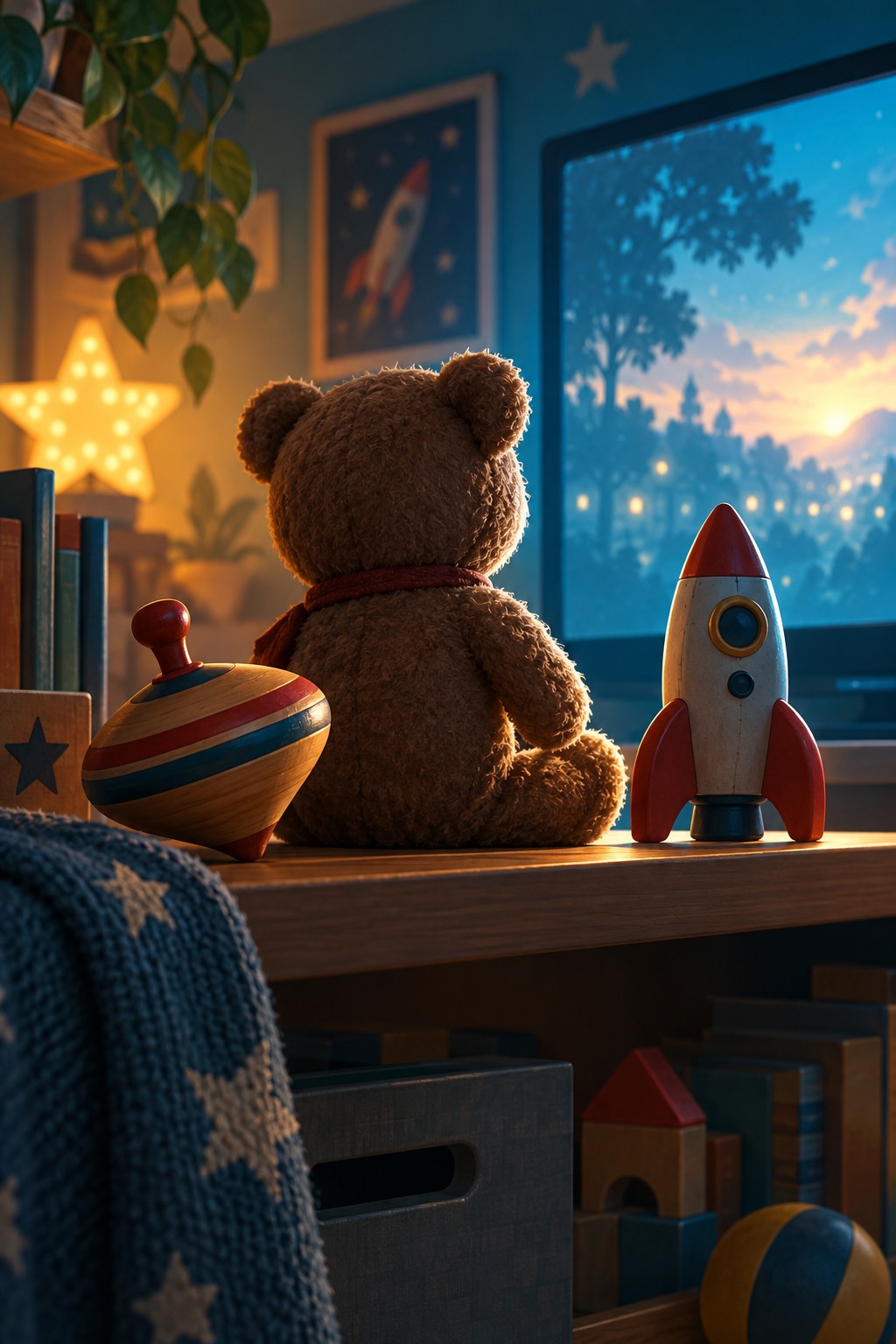 Illustrated teddy bear, spinning top and toy rocket beside a television