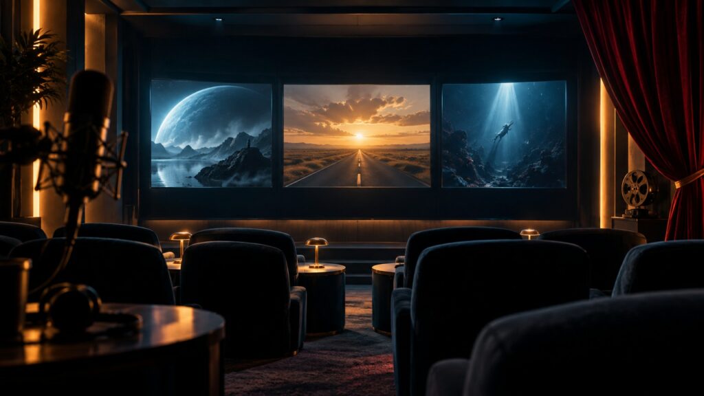 Cinematic original editorial image of a screening room and abstract trailer frames