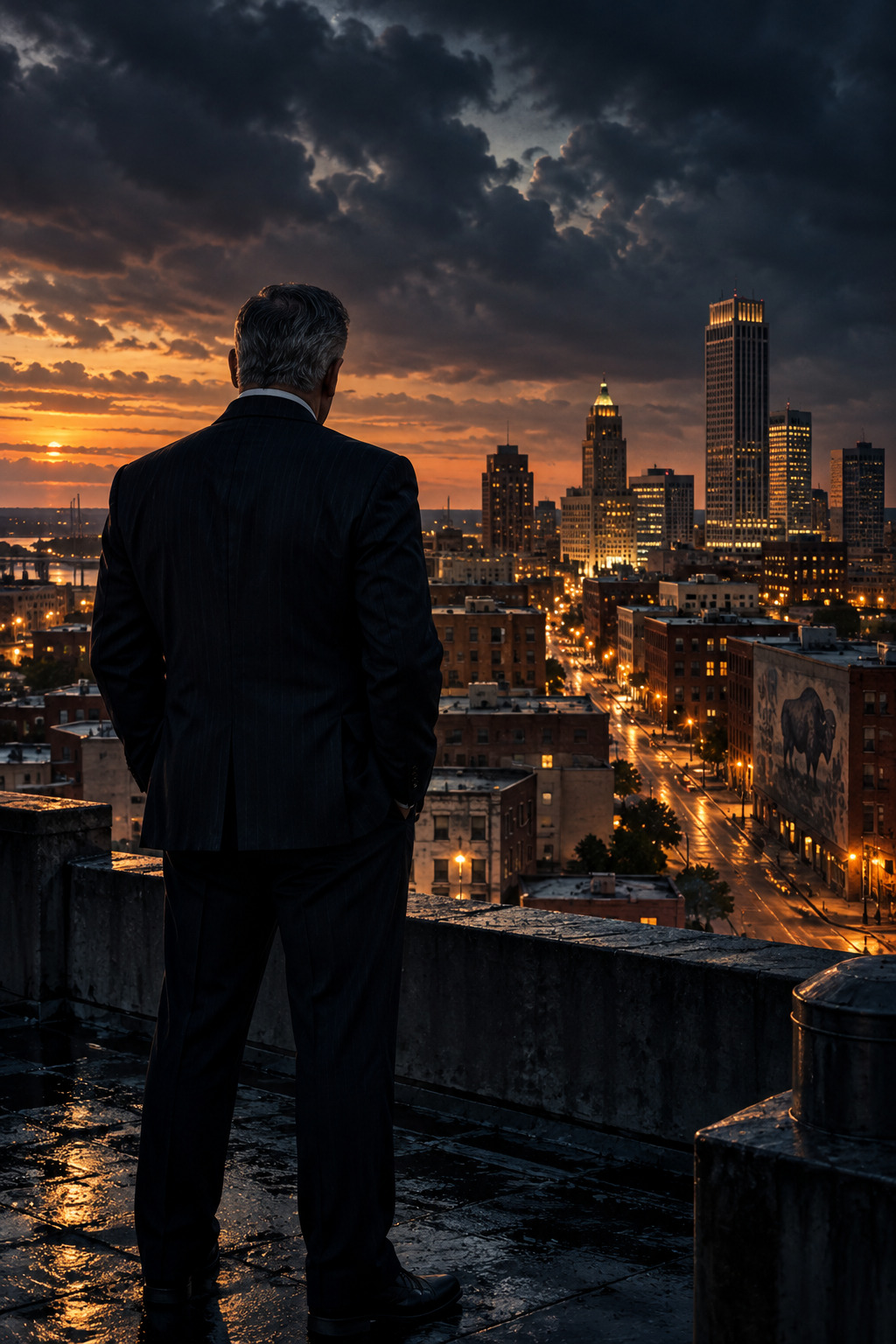 Illustrated anonymous suited figure overlooking a city at dusk