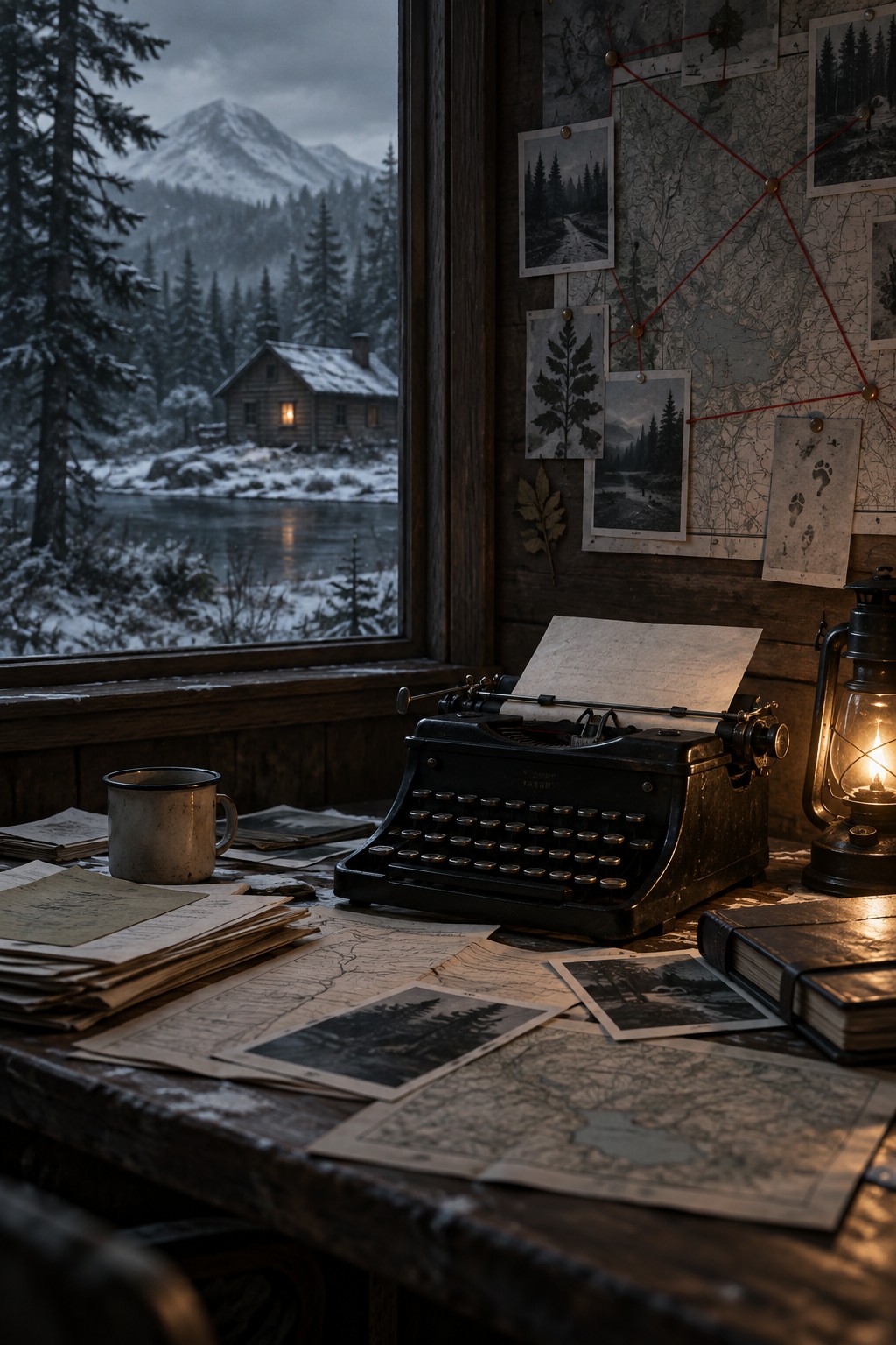 Original editorial illustration of a remote cabin, typewriter and investigation board