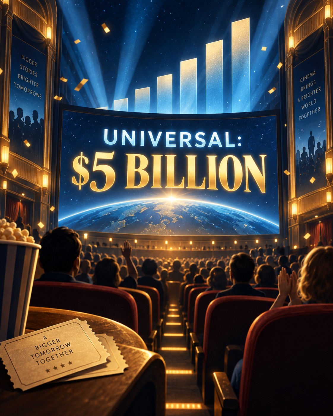 Illustrated cinema audience beneath a chart and five billion dollar milestone