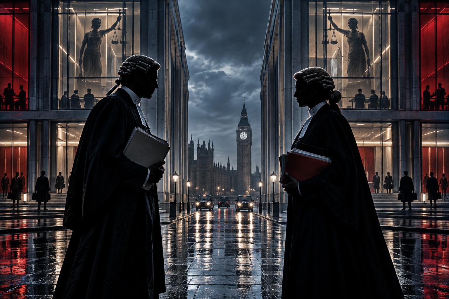 Stylised London legal drama illustration with opposing anonymous barristers
