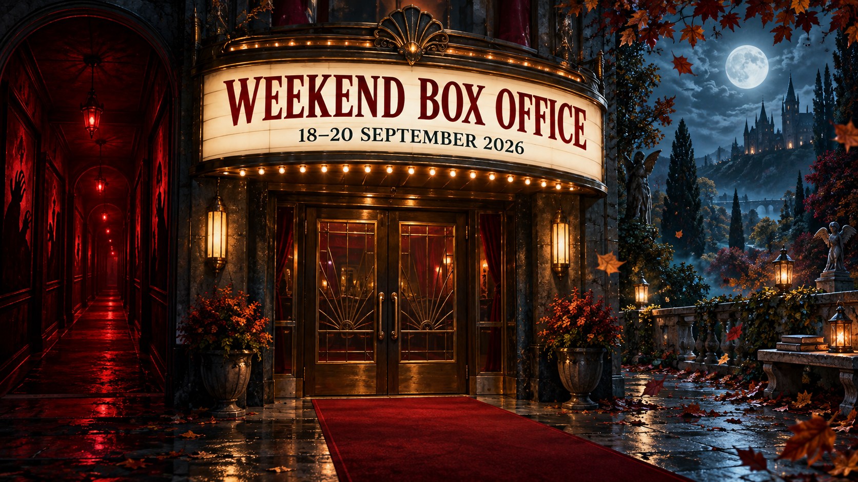 Original cinema illustration with red horror lighting and a moonlit garden, headed Weekend Box Office, 18–20 September 2026.