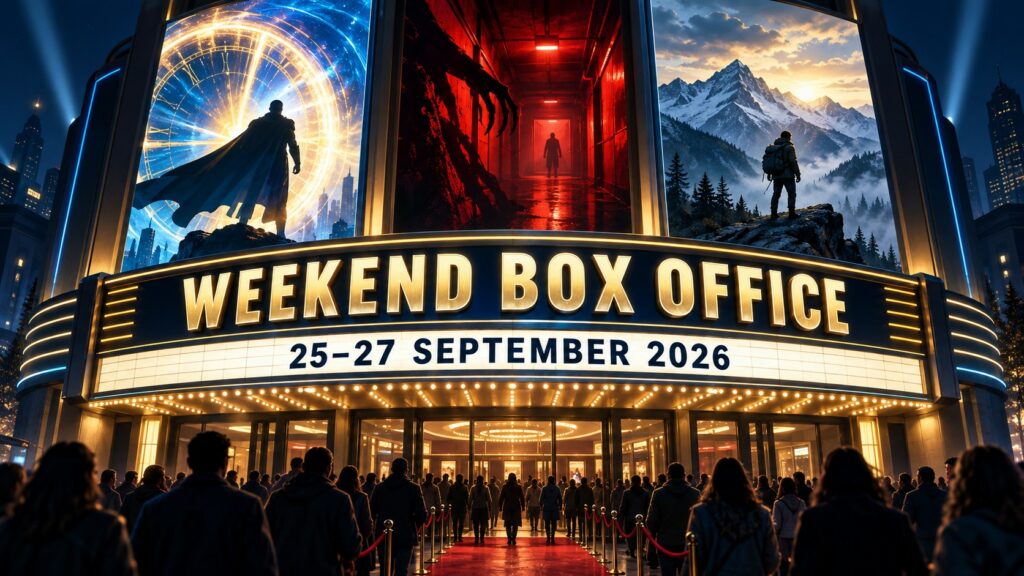 Stylised cinema marquee reading Weekend Box Office, 25–27 September 2026, above abstract superhero, horror and wilderness scenes.