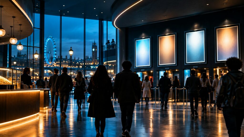 Original cinematic editorial image of a cinema lobby at blue hour