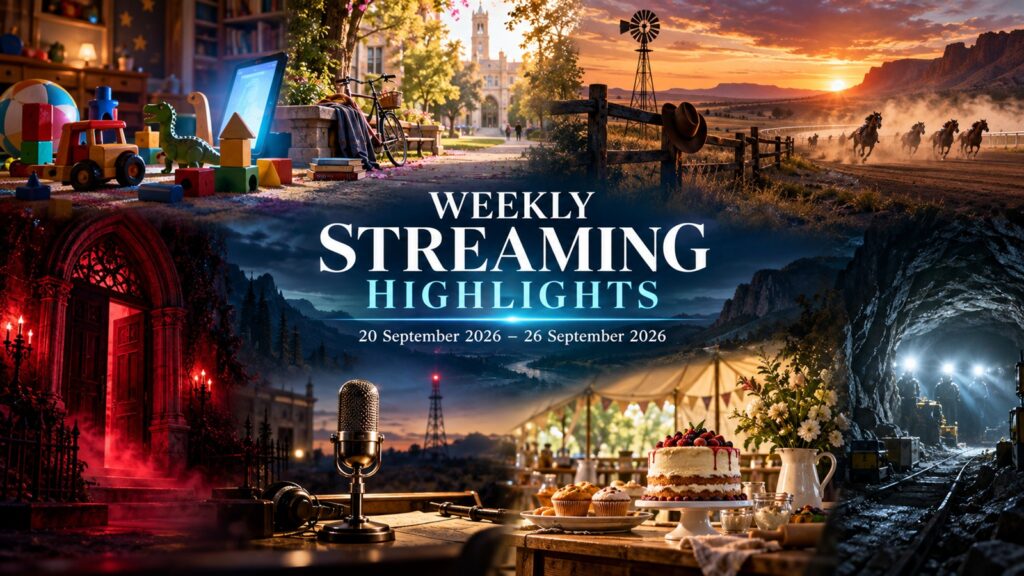 Weekly Streaming Highlights for 20 September 2026 – 26 September 2026, with cinematic imagery of toys, romance, a ranch, horror, baking and a mine rescue