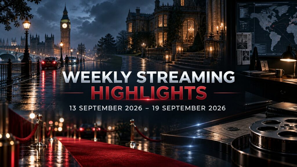 Weekly Streaming Highlights banner for 13 September 2026 – 19 September 2026, combining London espionage, Gothic crime and urban drama moods