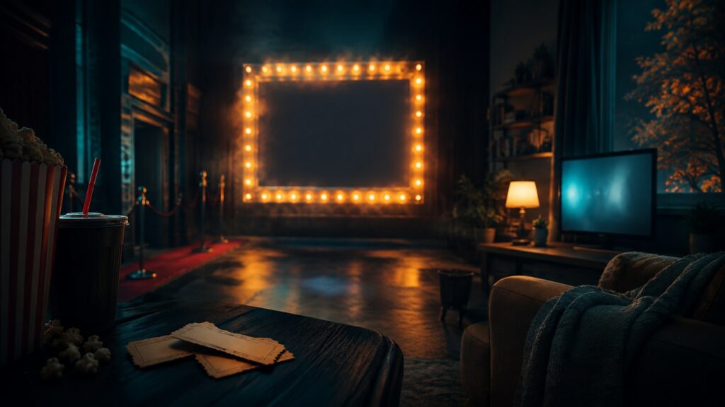 Original editorial image of a dark cinema foyer blending into a warm home viewing space