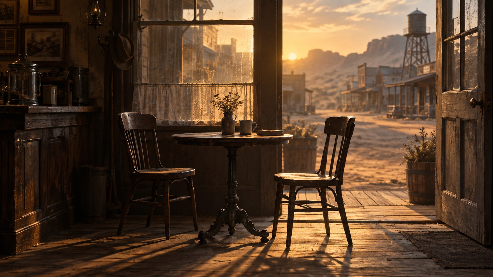 Original editorial illustration of two empty chairs in a frontier cafe
