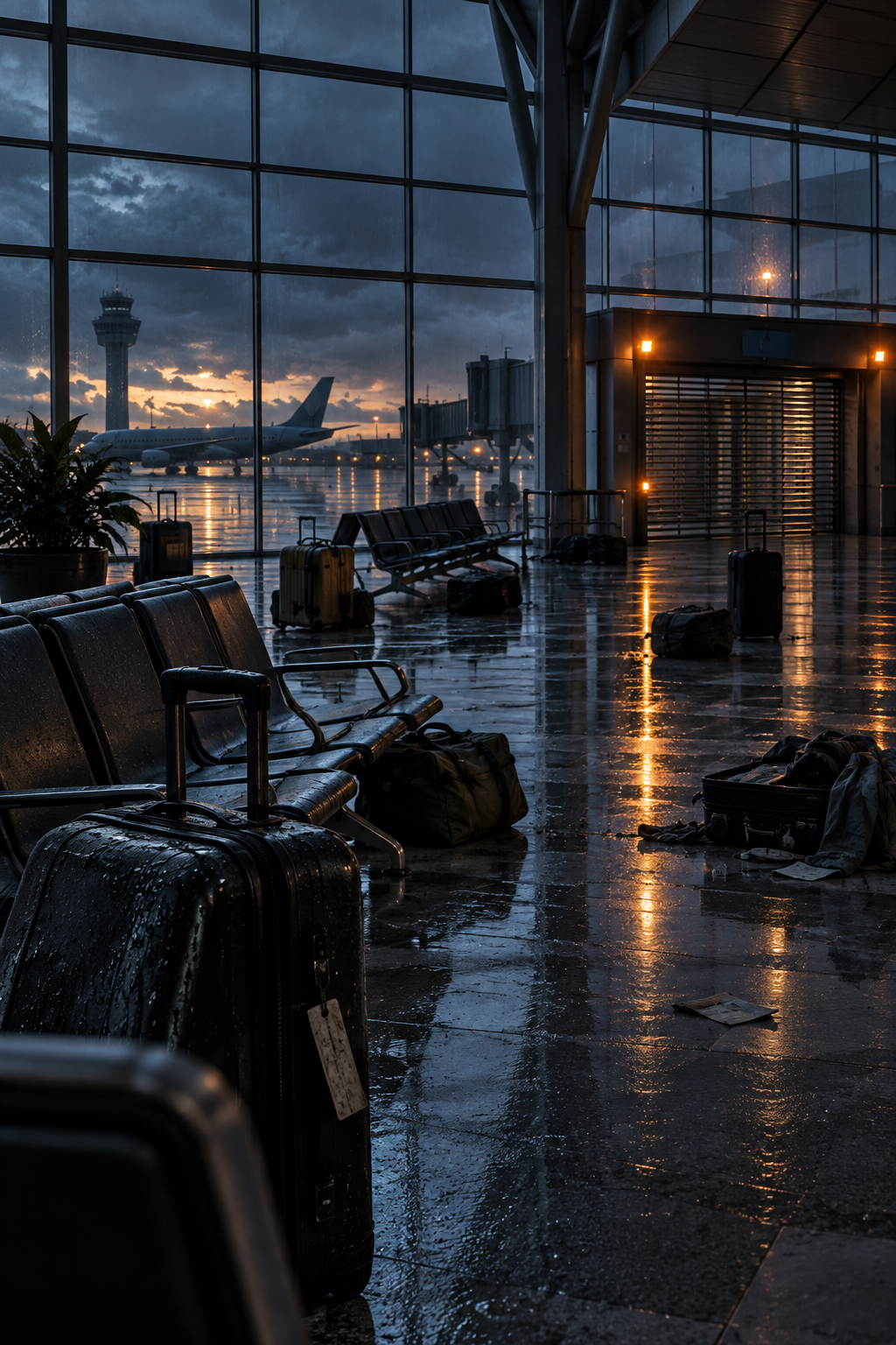 Original editorial illustration evoking World War Z: abandoned luggage in a rain-soaked airport