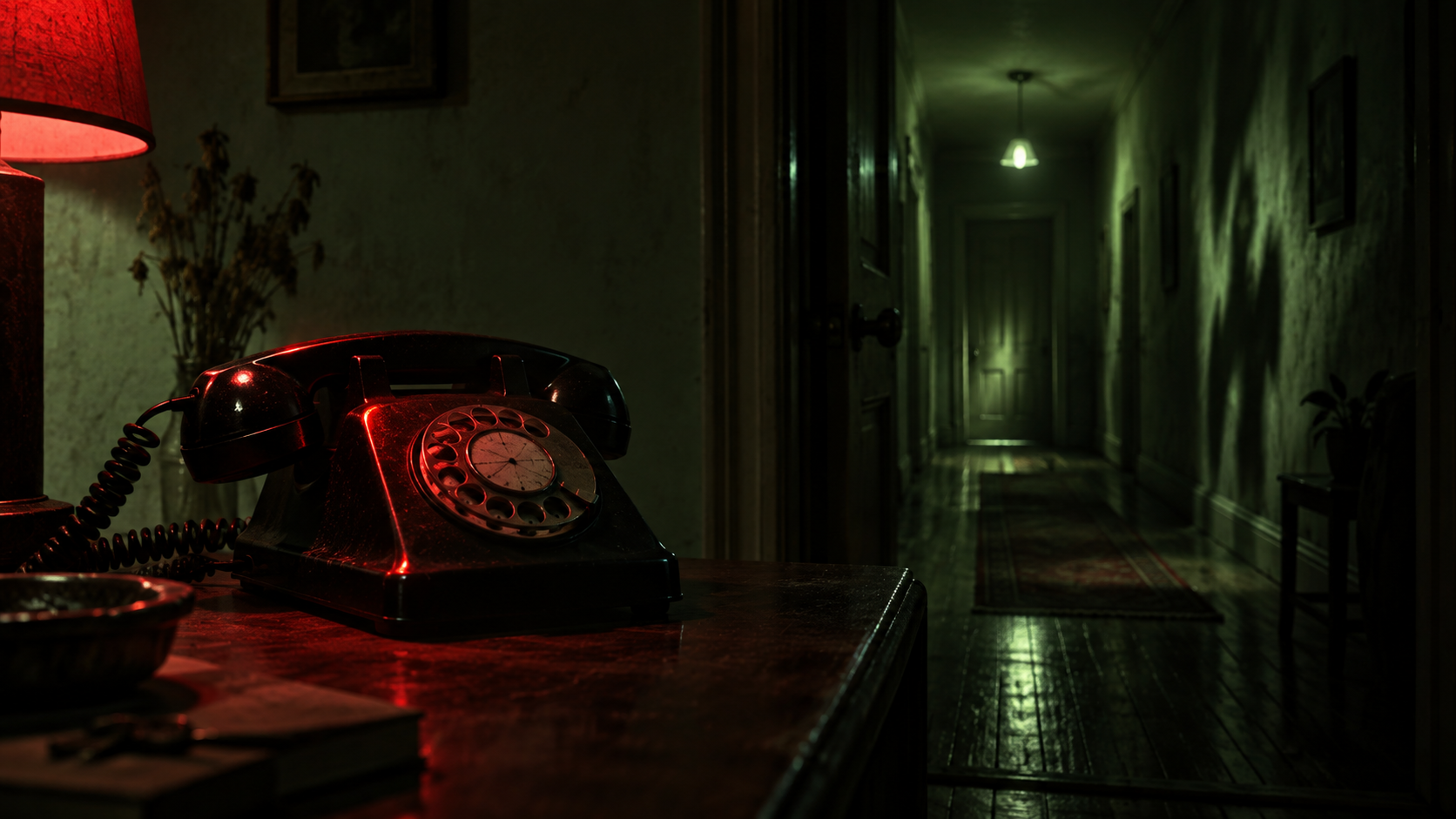 A black rotary telephone glowing beside a shadowy corridor in an original horror illustration