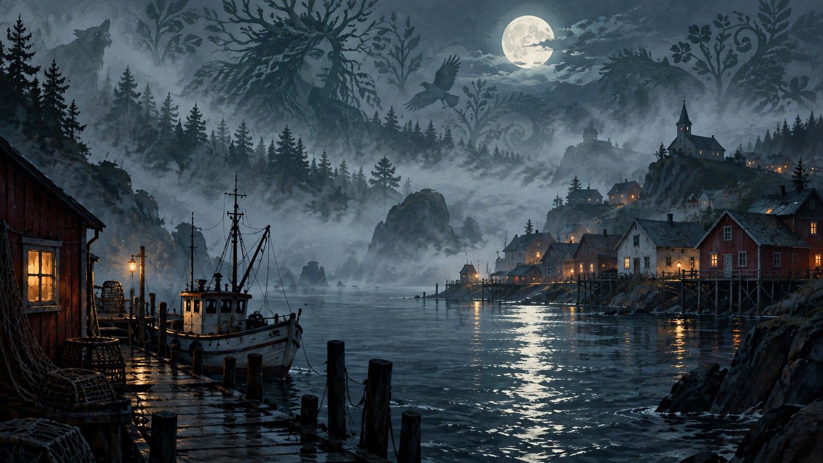 Illustrated misty coastal fishing town beneath a moonlit folklore pattern