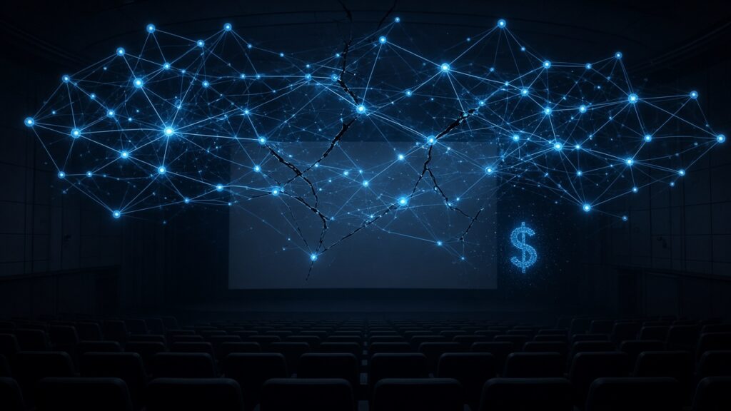 AI illustration of a fractured blue network above an empty cinema screen