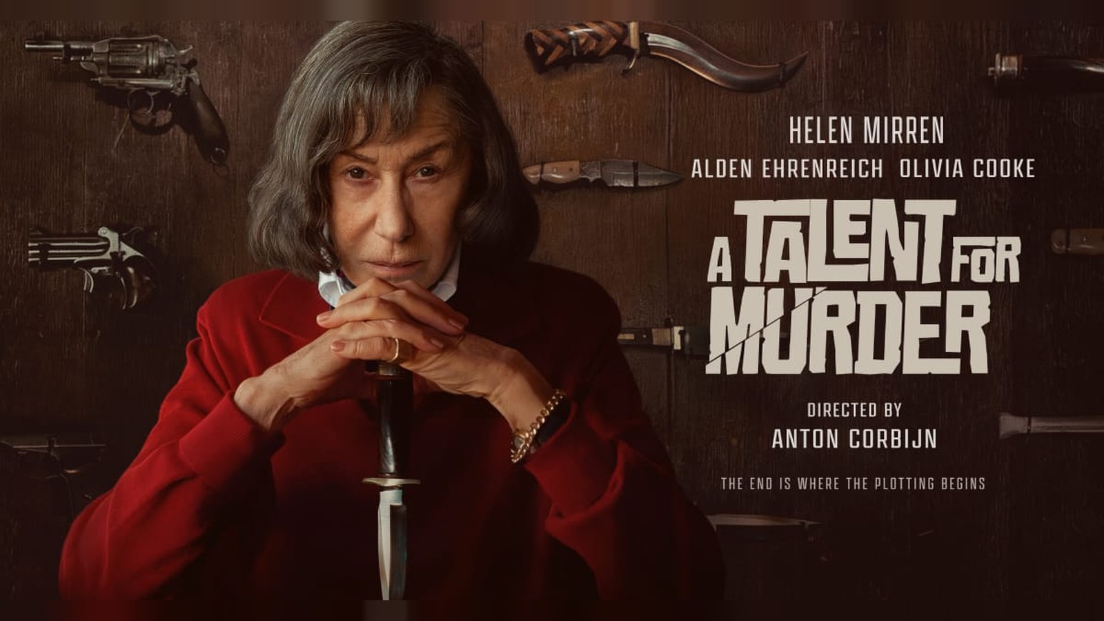 Official A Talent for Murder key art of Helen Mirren holding a dagger in front of a wall of antique weapons