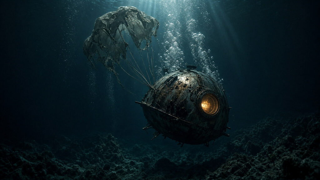 AI artwork of a scorched space capsule sinking through the dark ocean, its porthole glowing and a frayed parachute trailing above it as air bubbles rise towards the surface