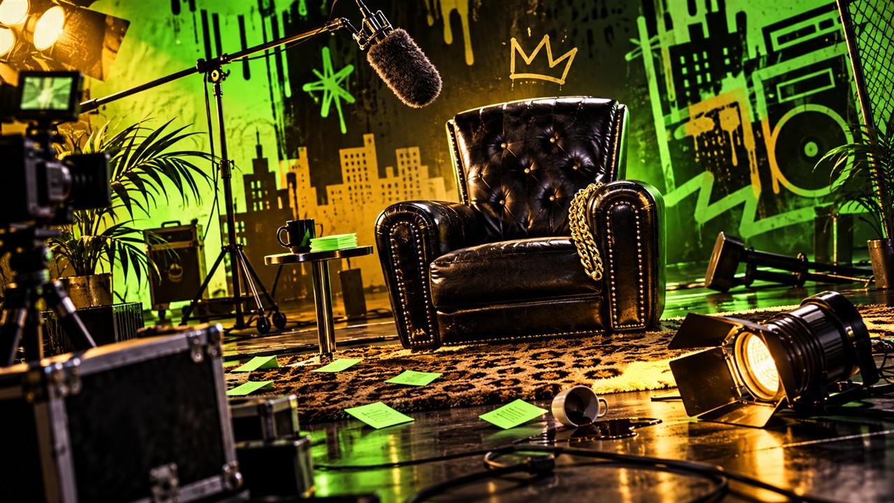 Editorial illustration of a chaotic empty mock interview set in acid green and amber