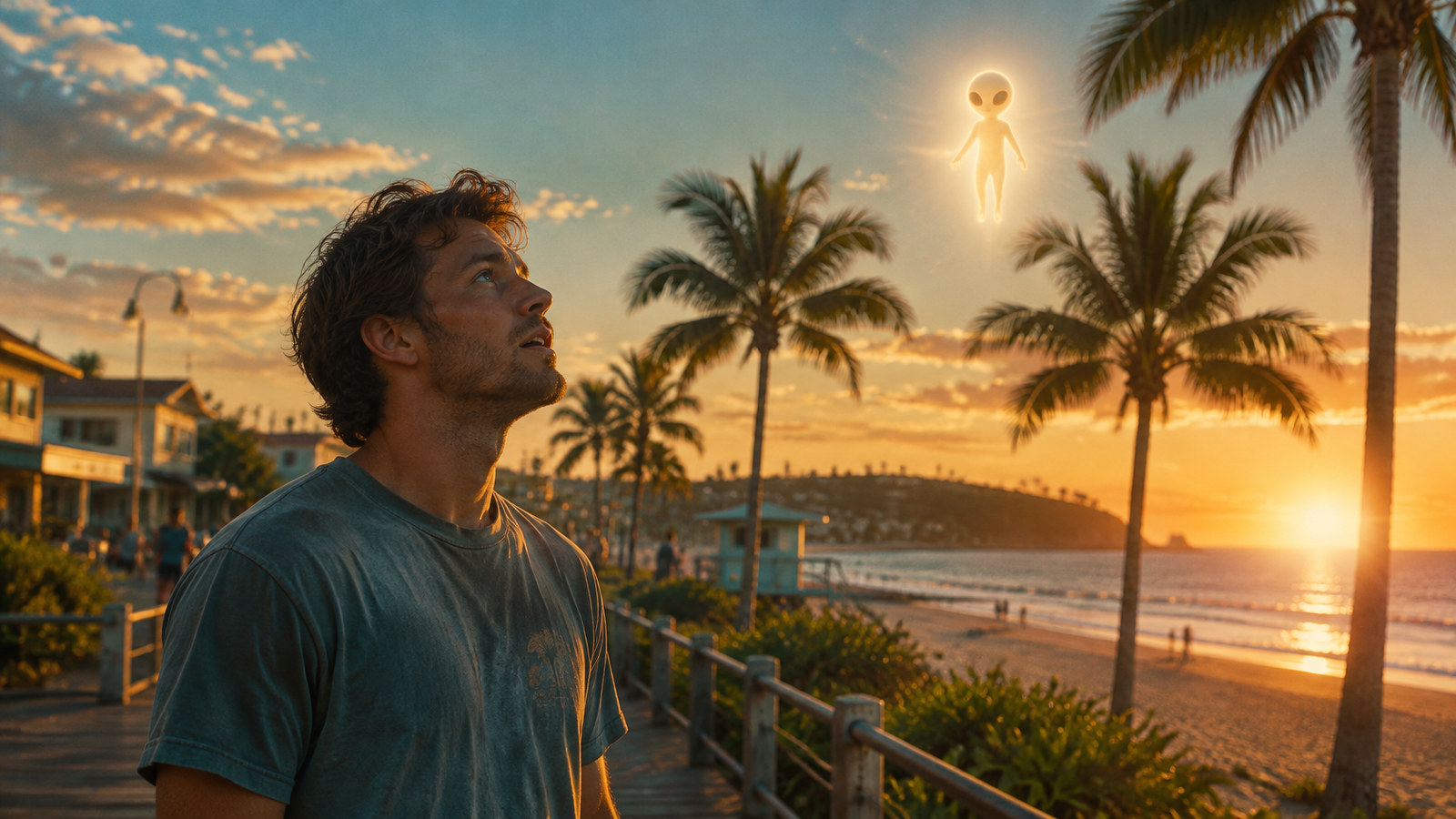 AI artwork: a young man on a seaside boardwalk in a Queensland town at sunset looks up at a small glowing alien figure hovering above the palm trees