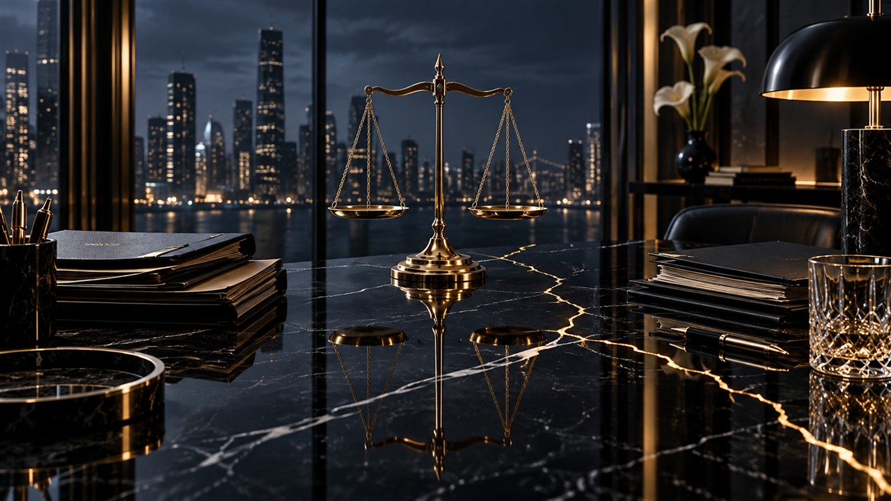 Editorial illustration of balanced scales on a black marble legal desk overlooking city lights